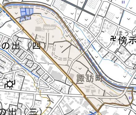 諏訪町とその周辺の地図。町の範囲を重ねている