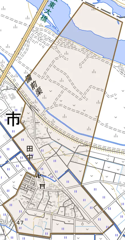 田中とその周辺の地図。町の範囲を重ねている