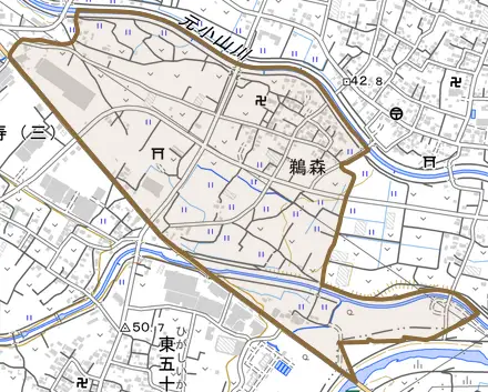 鵜森とその周辺の地図。町の範囲を重ねている