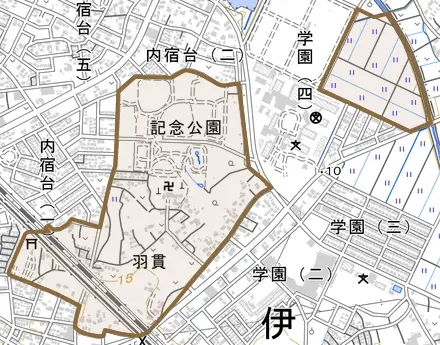 大字羽貫とその周辺の地図。町の範囲を重ねている