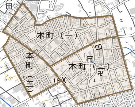 本町とその周辺の地図。町の範囲を重ねている