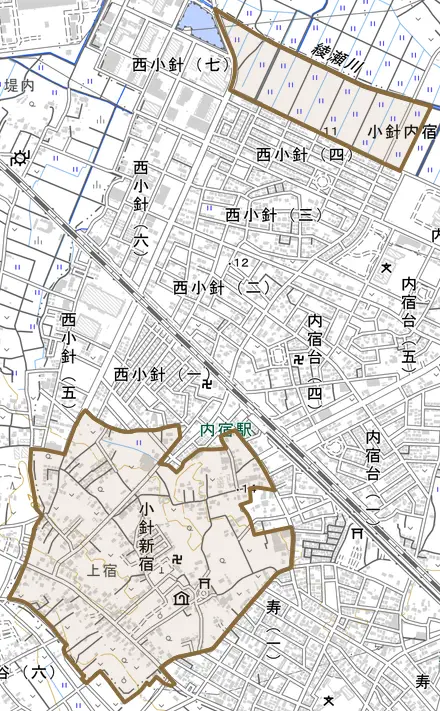 大字小針新宿とその周辺の地図。町の範囲を重ねている