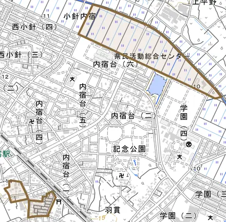 大字小針内宿とその周辺の地図。町の範囲を重ねている