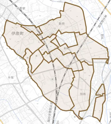大字小室とその周辺の地図。町の範囲を重ねている