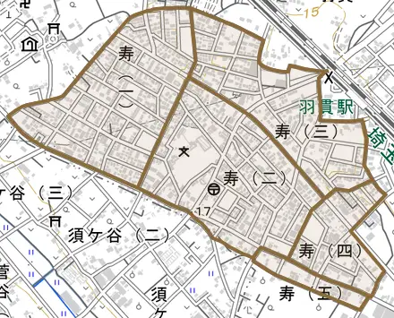 寿とその周辺の地図。町の範囲を重ねている