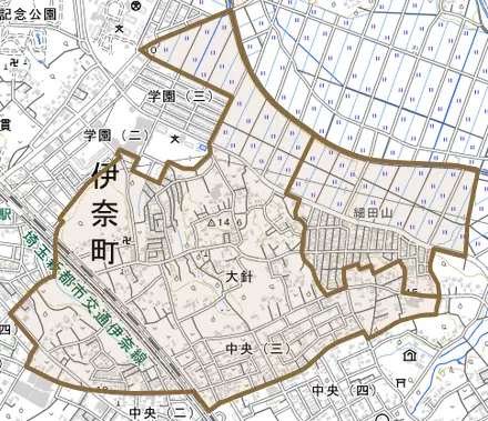 大字大針とその周辺の地図。町の範囲を重ねている