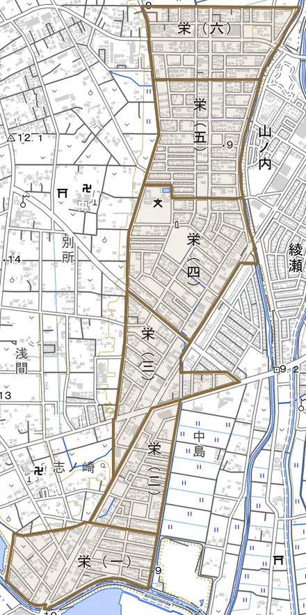 栄とその周辺の地図。町の範囲を重ねている