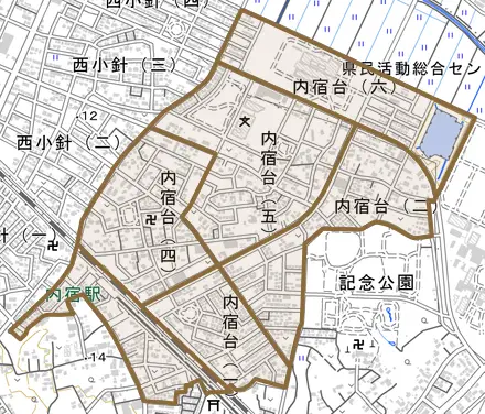 内宿台とその周辺の地図。町の範囲を重ねている