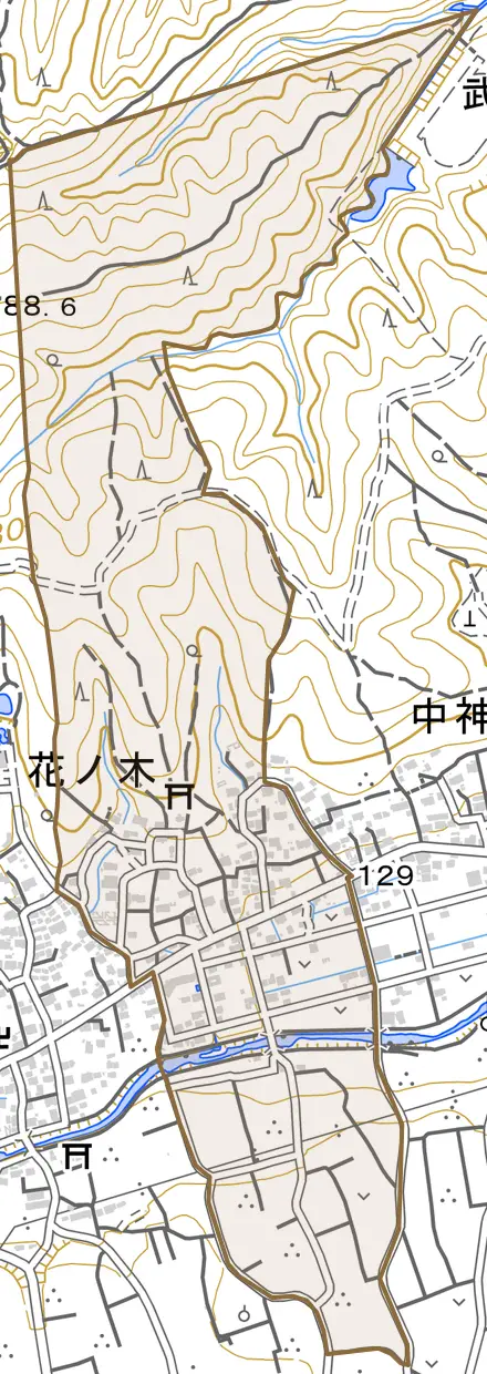 大字花ノ木とその周辺の地図。町の範囲を重ねている