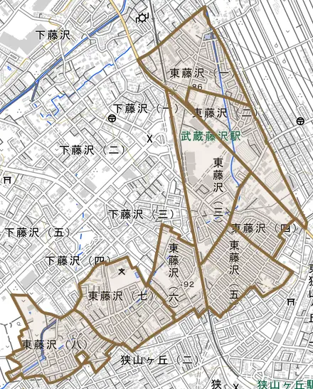 東藤沢とその周辺の地図。町の範囲を重ねている