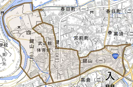 鍵山とその周辺の地図。町の範囲を重ねている