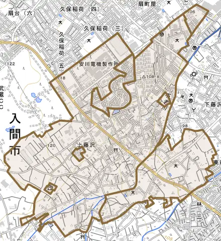 大字上藤沢とその周辺の地図。町の範囲を重ねている