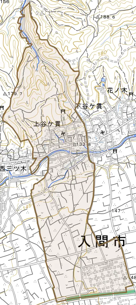 大字上谷ケ貫とその周辺の地図。町の範囲を重ねている
