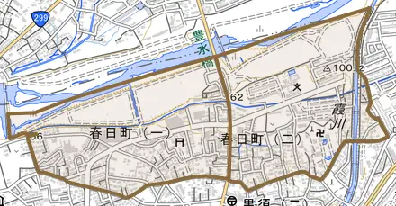 春日町とその周辺の地図。町の範囲を重ねている