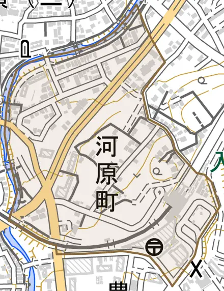 河原町とその周辺の地図。町の範囲を重ねている