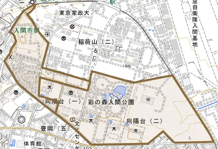向陽台とその周辺の地図。町の範囲を重ねている