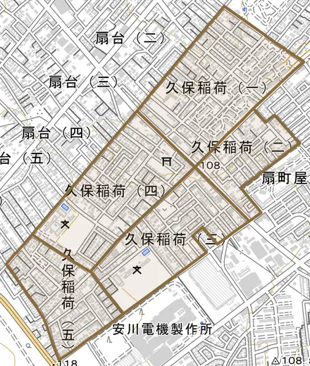 久保稲荷とその周辺の地図。町の範囲を重ねている