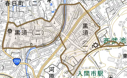 黒須とその周辺の地図。町の範囲を重ねている