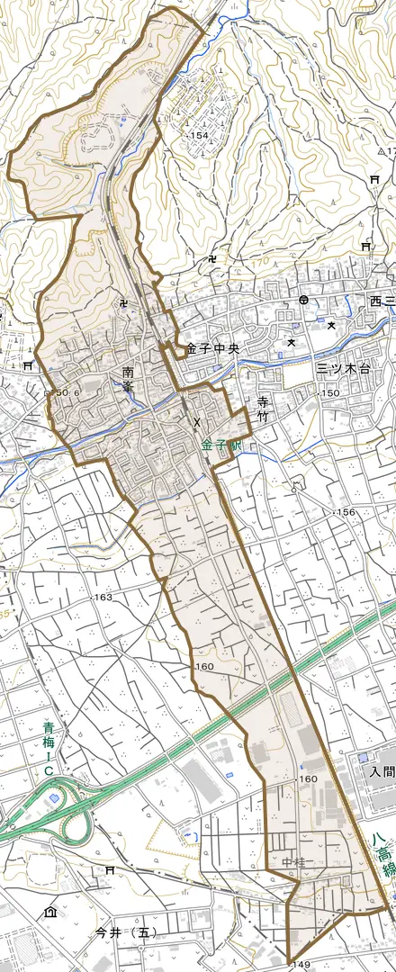 大字南峯とその周辺の地図。町の範囲を重ねている