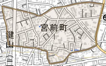 宮前町とその周辺の地図。町の範囲を重ねている