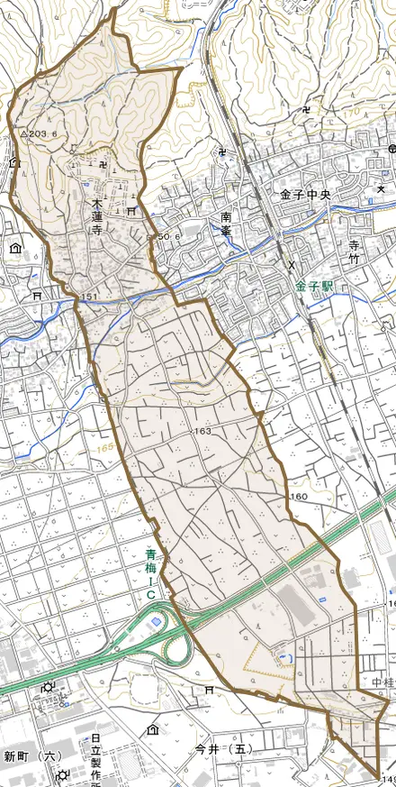大字木蓮寺とその周辺の地図。町の範囲を重ねている