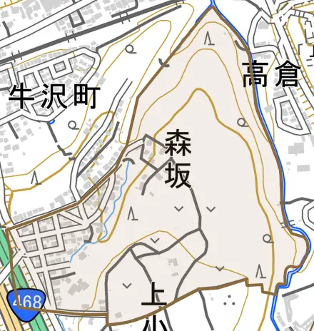 森坂とその周辺の地図。町の範囲を重ねている