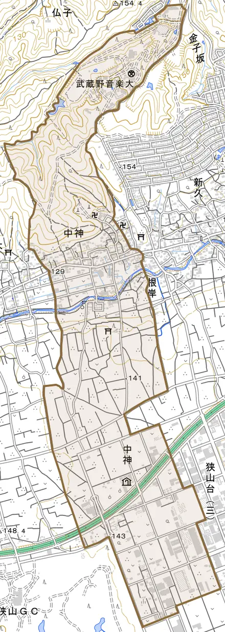大字中神とその周辺の地図。町の範囲を重ねている