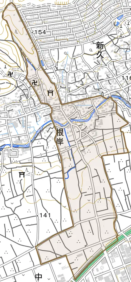 大字根岸とその周辺の地図。町の範囲を重ねている