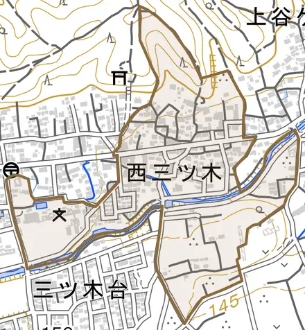 大字西三ツ木とその周辺の地図。町の範囲を重ねている