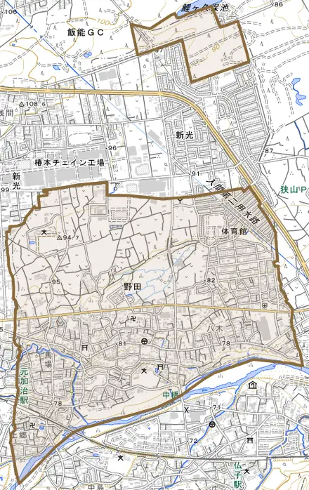 大字野田とその周辺の地図。町の範囲を重ねている