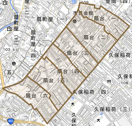 扇台とその周辺の地図。町の範囲を重ねている