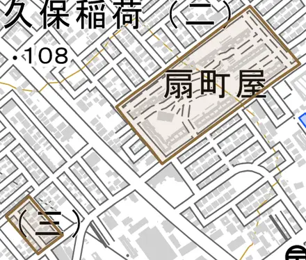 大字扇町屋とその周辺の地図。町の範囲を重ねている