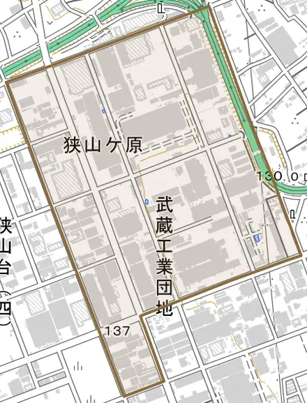 大字狭山ケ原とその周辺の地図。町の範囲を重ねている