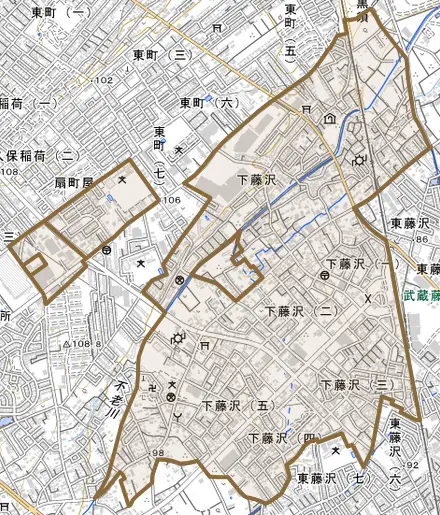 大字下藤沢とその周辺の地図。町の範囲を重ねている