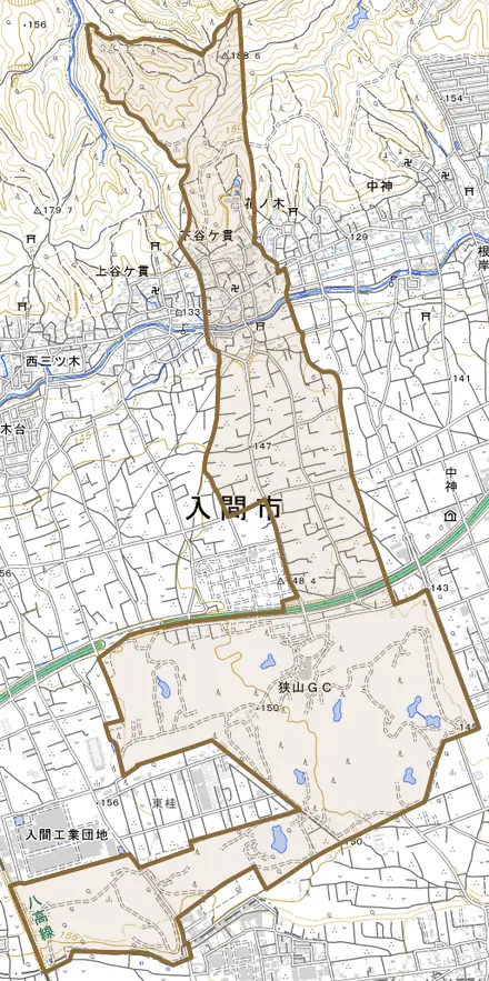 大字下谷ケ貫とその周辺の地図。町の範囲を重ねている