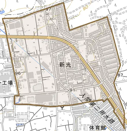 大字新光とその周辺の地図。町の範囲を重ねている