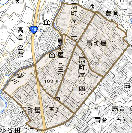 扇町屋とその周辺の地図。町の範囲を重ねている