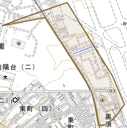 大字黒須とその周辺の地図。町の範囲を重ねている