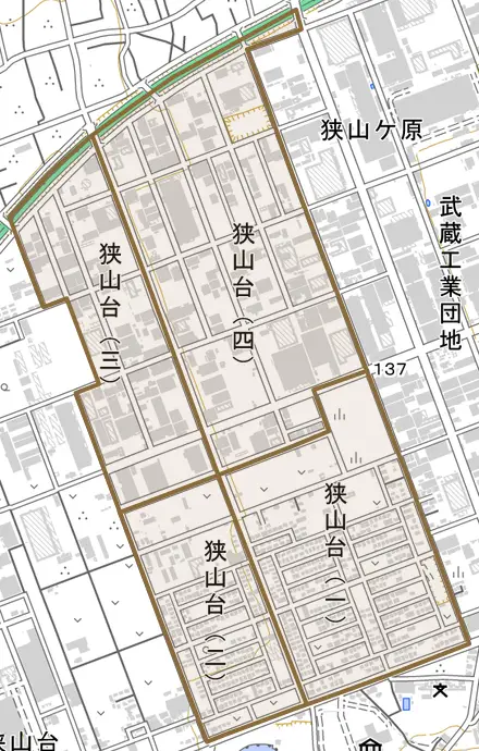 狭山台とその周辺の地図。町の範囲を重ねている