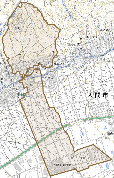大字寺竹とその周辺の地図。町の範囲を重ねている