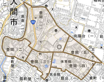 豊岡とその周辺の地図。町の範囲を重ねている