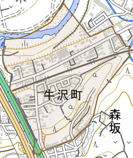 牛沢町とその周辺の地図。町の範囲を重ねている