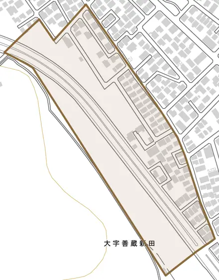 大字善蔵新田とその周辺の地図。町の範囲を重ねている