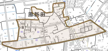 大字原新田とその周辺の地図。町の範囲を重ねている
