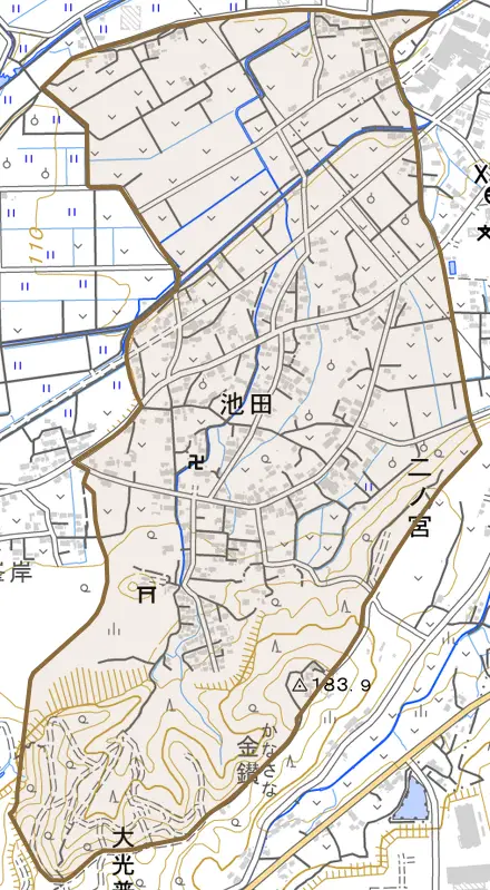 大字池田とその周辺の地図。町の範囲を重ねている