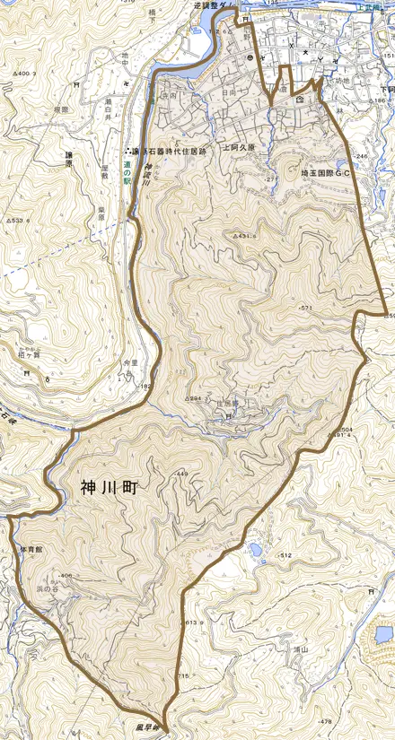 大字上阿久原とその周辺の地図。町の範囲を重ねている