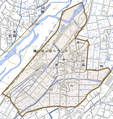 大字小浜とその周辺の地図。町の範囲を重ねている