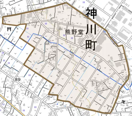 大字熊野堂とその周辺の地図。町の範囲を重ねている