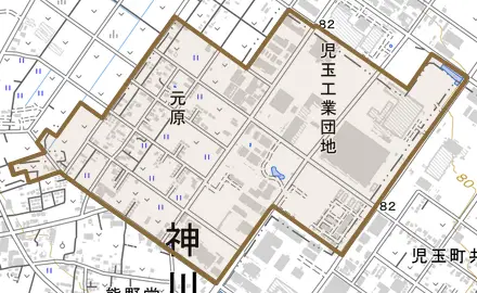 大字元原とその周辺の地図。町の範囲を重ねている