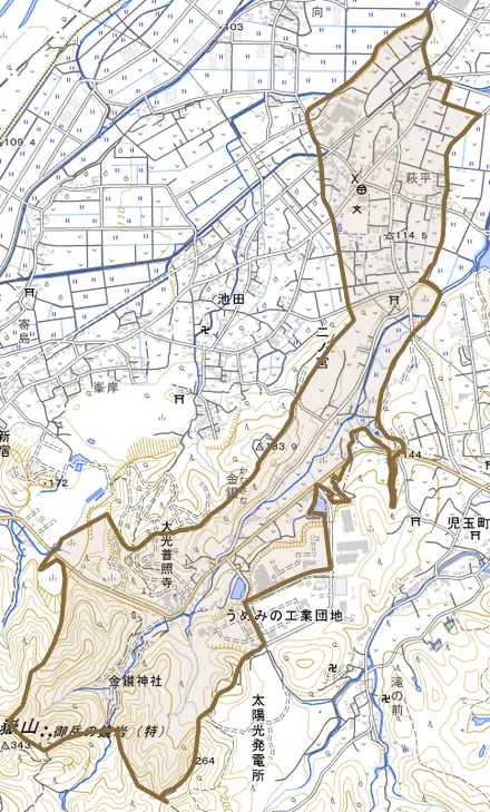 大字二ノ宮とその周辺の地図。町の範囲を重ねている